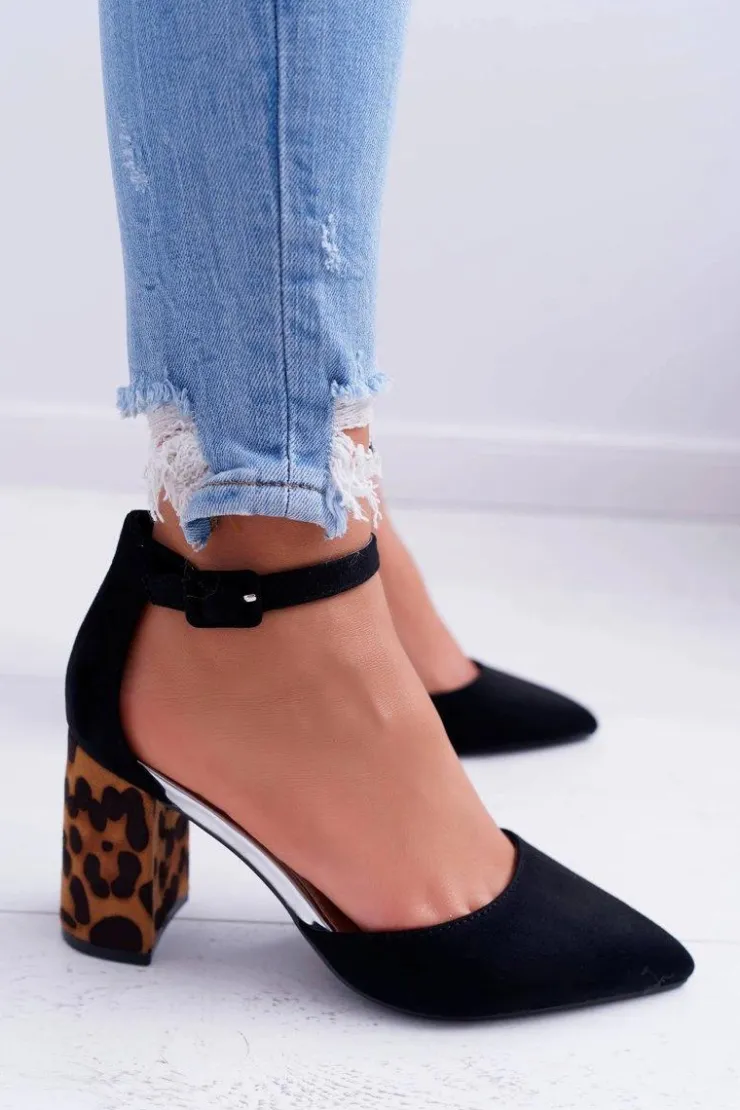 Best Boto Czółenka Damskie Na Słupku Panterki Czarne Ferri