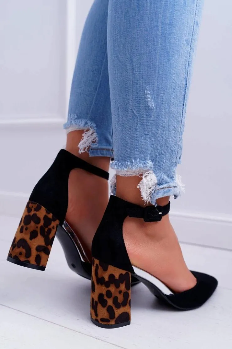 Best Boto Czółenka Damskie Na Słupku Panterki Czarne Ferri