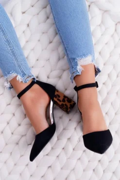 Best Boto Czółenka Damskie Na Słupku Panterki Czarne Ferri