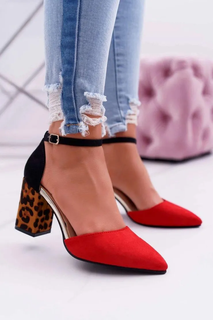 Damskie Boto Czółenka Damskie Na Słupku Panterki Czerwone Ferri