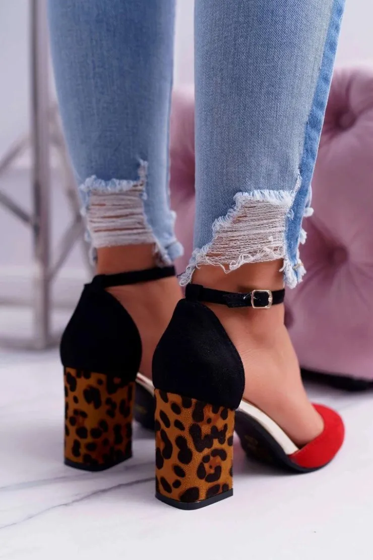 Damskie Boto Czółenka Damskie Na Słupku Panterki Czerwone Ferri