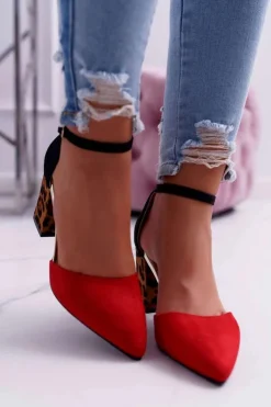 Damskie Boto Czółenka Damskie Na Słupku Panterki Czerwone Ferri