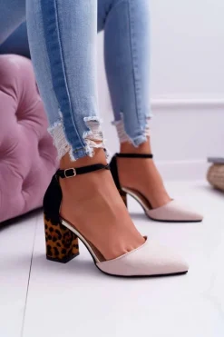 Discount Boto Czółenka Damskie Na Słupku Panterki Beżowe Ferri