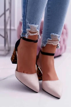 Discount Boto Czółenka Damskie Na Słupku Panterki Beżowe Ferri