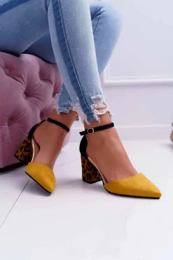 Damskie Boto Czółenka Damskie Na Słupku Panterki Żółte Ferri