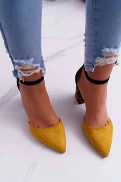 Damskie Boto Czółenka Damskie Na Słupku Panterki Żółte Ferri