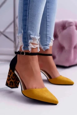 Damskie Boto Czółenka Damskie Na Słupku Panterki Żółte Ferri