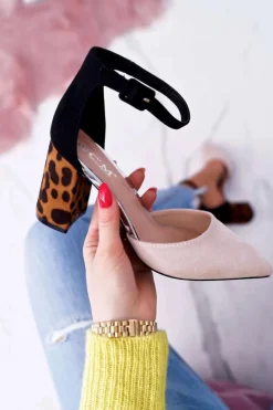 Hot Boto Czółenka Damskie Na Słupku Panterki Beżowe Ferri