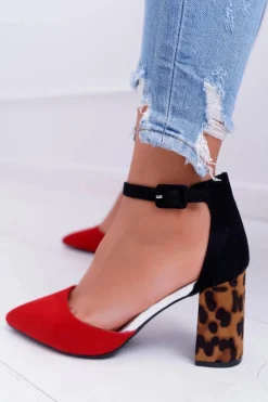 Damskie Boto Czółenka Damskie Na Słupku Panterki Czerwone Ferri