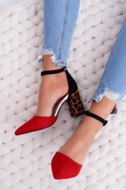 Damskie Boto Czółenka Damskie Na Słupku Panterki Czerwone Ferri