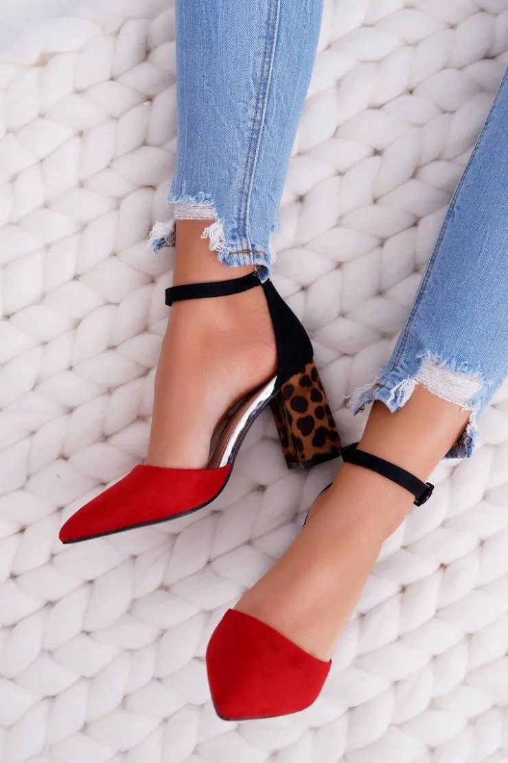 Damskie Boto Czółenka Damskie Na Słupku Panterki Czerwone Ferri