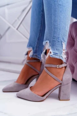 Boto Czółenka Zamszowe|Czółenka Na Słupku*Czółenka Damskie Na Słupku W Szpic Szary Cosmo