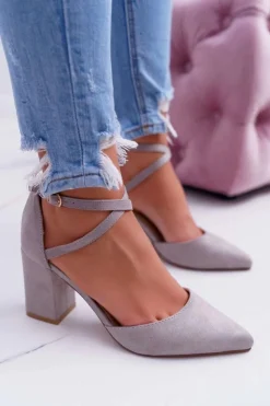 Damskie Boto Czółenka Damskie Na Słupku W Szpic Szare Traffic