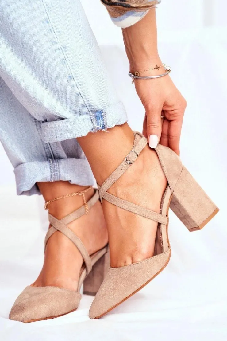 Damskie Boto Czółenka Damskie Na Słupku W Szpic Beżowe Traffic