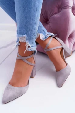 Damskie Boto Czółenka Damskie Na Słupku W Szpic Szare Traffic