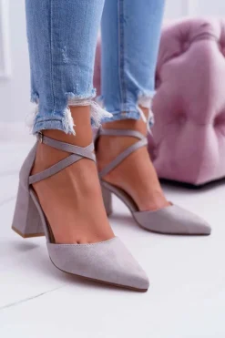 Damskie Boto Czółenka Damskie Na Słupku W Szpic Szare Traffic