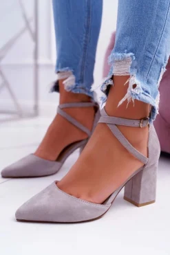 Damskie Boto Czółenka Damskie Na Słupku W Szpic Szare Traffic