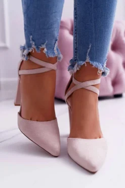 Boto Czółenka Damskie Na Słupku W Szpic Beżowe High Traffic