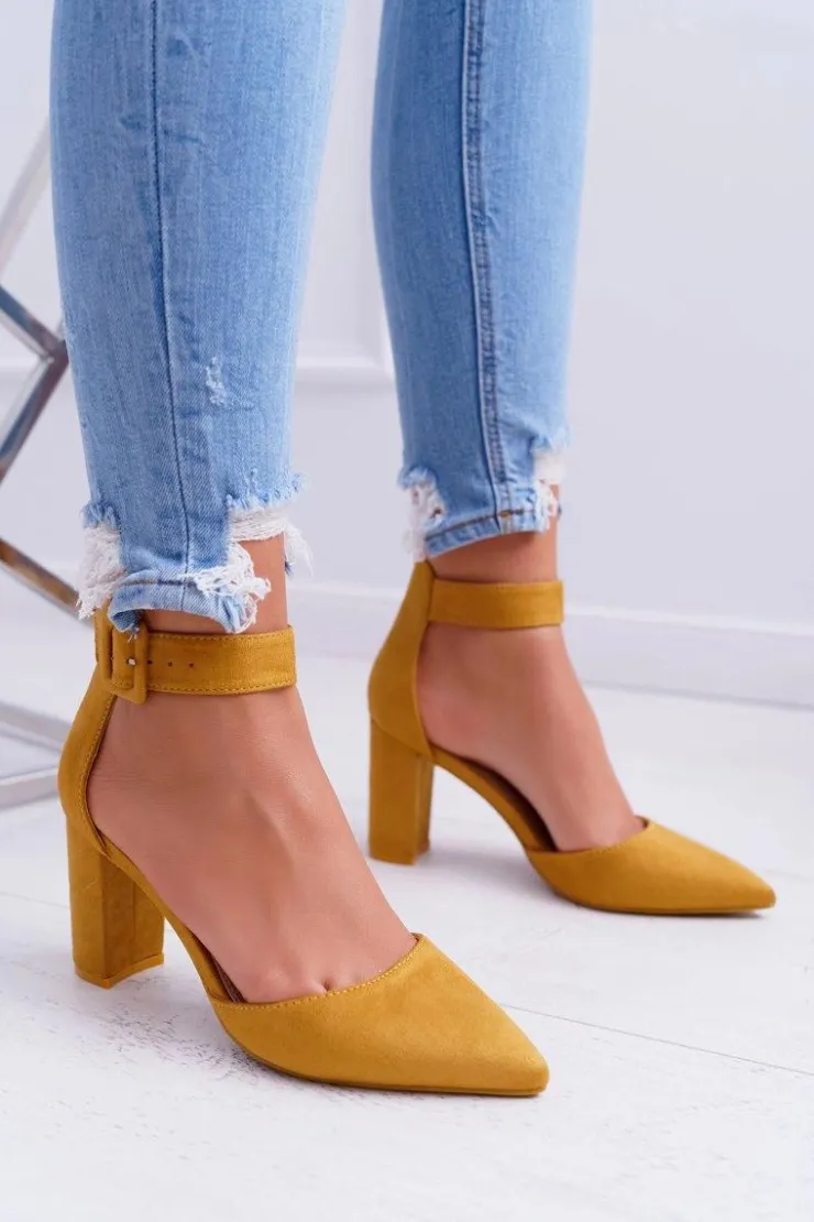 Damskie Boto Czółenka Damskie Na Słupku W Szpic Żółte Domine