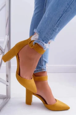 Damskie Boto Czółenka Damskie Na Słupku W Szpic Żółte Domine