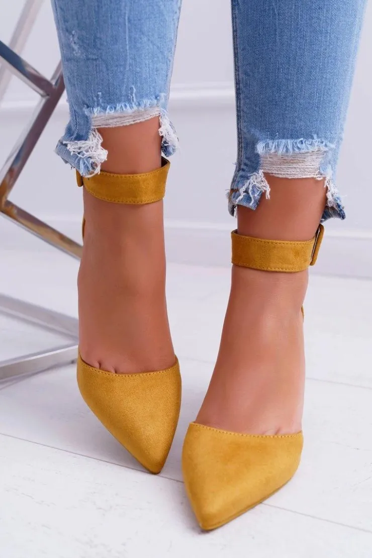 Damskie Boto Czółenka Damskie Na Słupku W Szpic Żółte Domine