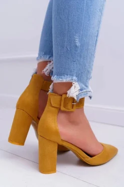 Damskie Boto Czółenka Damskie Na Słupku W Szpic Żółte Domine