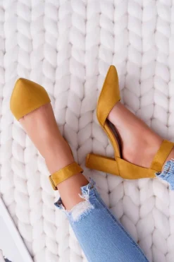 Damskie Boto Czółenka Damskie Na Słupku W Szpic Żółte Domine