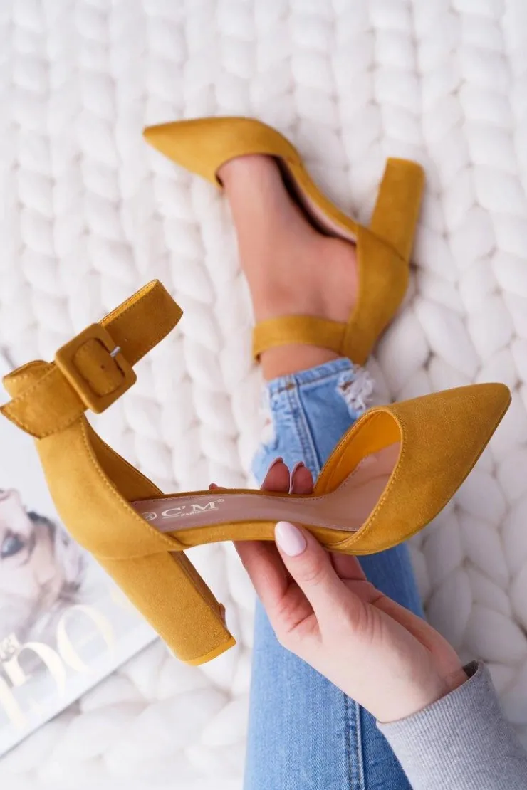 Damskie Boto Czółenka Damskie Na Słupku W Szpic Żółte Domine