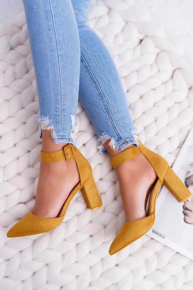 Damskie Boto Czółenka Damskie Na Słupku W Szpic Żółte Domine