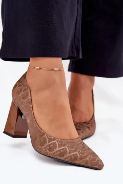 Buty damskie Vinceza Czółenka Na Słupku|Czółenka Klasyczne*Czółenka Damskie Na Słupku Z Ozdobnym Tłoczeniem Vinceza 62254 Brązowe