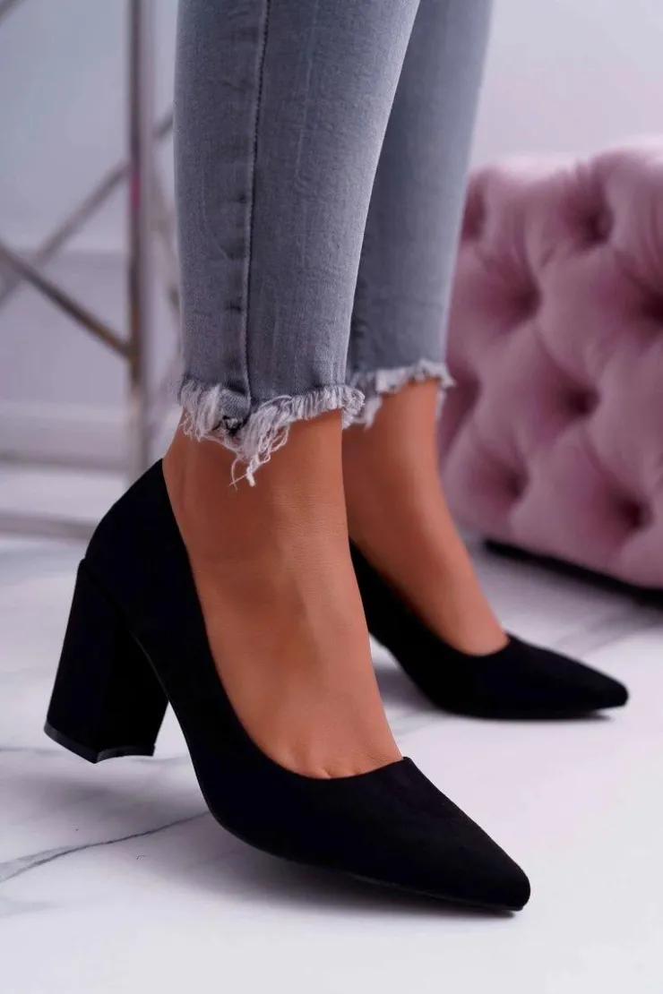 Damskie Boto Czółenka Damskie Na Słupku Zamszowe Czarne Neshka