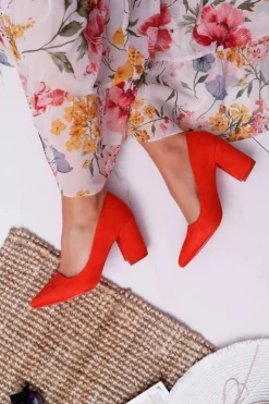 Damskie Boto Czółenka Damskie Na Słupku Zamszowe Pomarańczowe Neshka