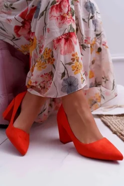 Damskie Boto Czółenka Damskie Na Słupku Zamszowe Pomarańczowe Neshka