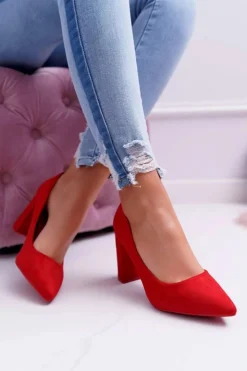 Damskie Boto Czółenka Damskie Na Słupku Zamszowe Czerwone Raspberry