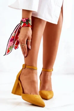 Damskie Boto Czółenka Damskie Na Słupku Zamszowe Żółte Harye