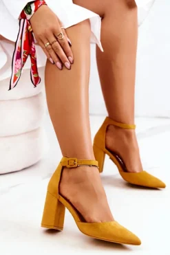 Damskie Boto Czółenka Damskie Na Słupku Zamszowe Żółte Harye