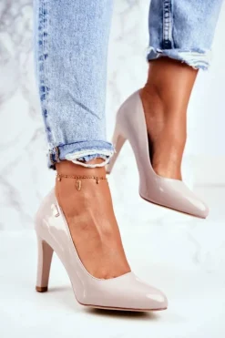 Buty Sergio Leone Czółenka Na Słupku|Czółenka Klasyczne*Czółenka Damskie Sergio Leone Na Słupku Lakier Jasnoszare Campbell