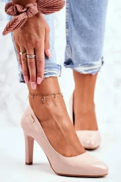 Damskie Buty Sergio Leone Czółenka Damskie Sergio Leone Lakierowane Na Słupku Beżowe Campbell