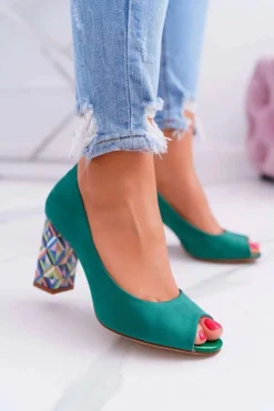 Buty Sergio Leone Czółenka Zamszowe|Czółenka Na Słupku*Czółenka Damskie Sergio Leone Odkryte Palce PB133 Zielone Fani