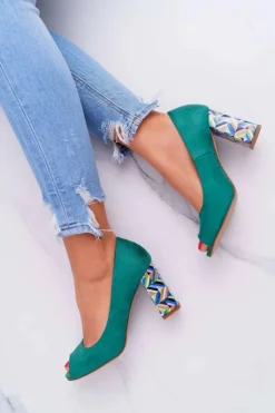 Buty Sergio Leone Czółenka Zamszowe|Czółenka Na Słupku*Czółenka Damskie Sergio Leone Odkryte Palce PB133 Zielone Fani