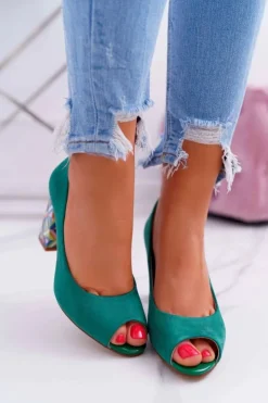 Buty Sergio Leone Czółenka Zamszowe|Czółenka Na Słupku*Czółenka Damskie Sergio Leone Odkryte Palce PB133 Zielone Fani