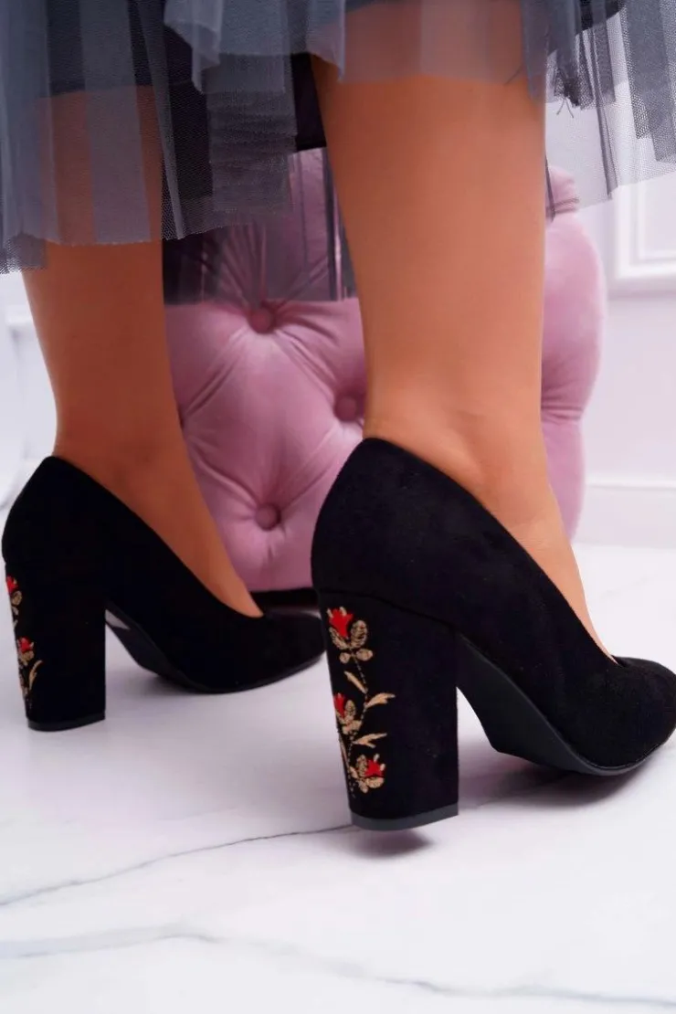 Damskie Buty Sergio Leone Czółenka Damskie Sergio Leone Czarne Zamszowe Kwiaty Gendar