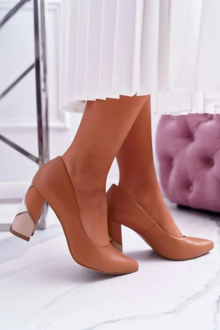 Outlet Laura Messi Czółenka Damskie Skórzane 1979 Camel