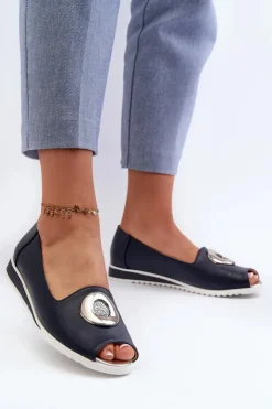 Damskie Boto Czółenka Damskie Z Ozdobą Eko Skórzane Granatowe Biolita