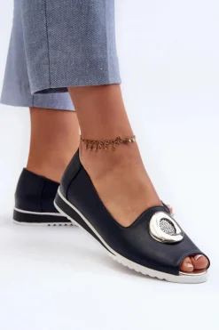 Damskie Boto Czółenka Damskie Z Ozdobą Eko Skórzane Granatowe Biolita