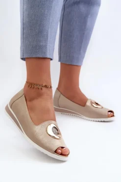 Outlet Boto Czółenka Damskie Z Ozdobą Eko Skórzane Złote Biolita Złoty