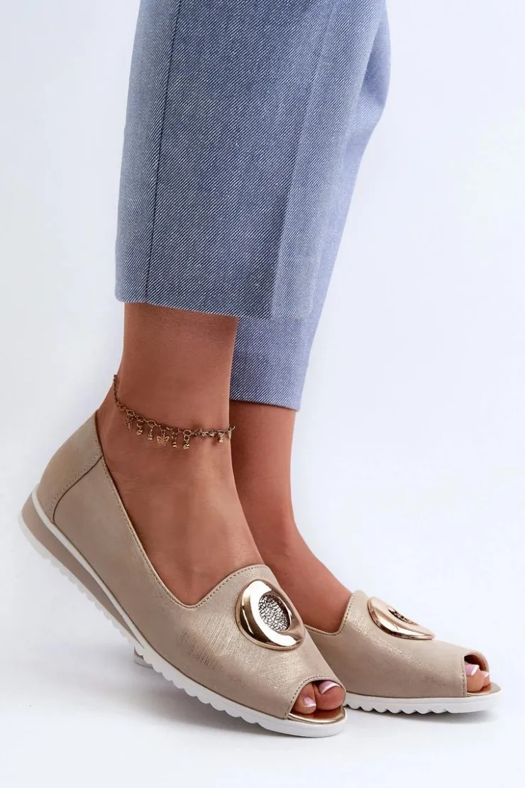 Outlet Boto Czółenka Damskie Z Ozdobą Eko Skórzane Złote Biolita Złoty