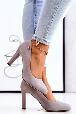 Buty Sergio Leone Czółenka Zamszowe|Czółenka Na Słupku*Czółenka Damskie Zamszowe Na Słupku Sergio Leone Szare Campbell