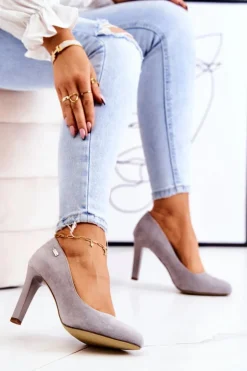 Buty Sergio Leone Czółenka Zamszowe|Czółenka Na Słupku*Czółenka Damskie Zamszowe Na Słupku Sergio Leone Szare Campbell