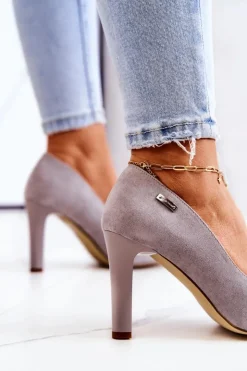 Buty Sergio Leone Czółenka Zamszowe|Czółenka Na Słupku*Czółenka Damskie Zamszowe Na Słupku Sergio Leone Szare Campbell